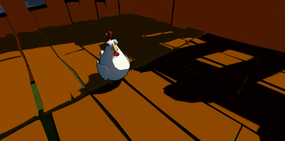 Screenshot van een kip in het houten parcour met veel schaduw van een hek